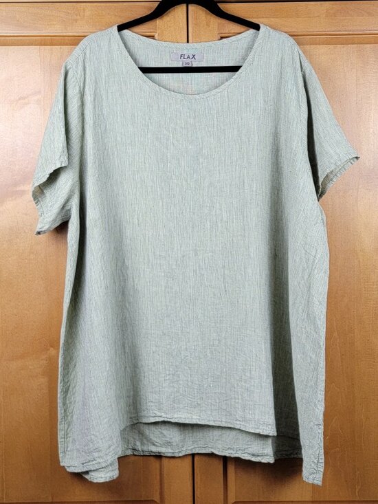 Flax Tops - Flax Green Tan Gold Black Linen Short Sleeve Pullover Scoop Neck Tee - Sz 24-26